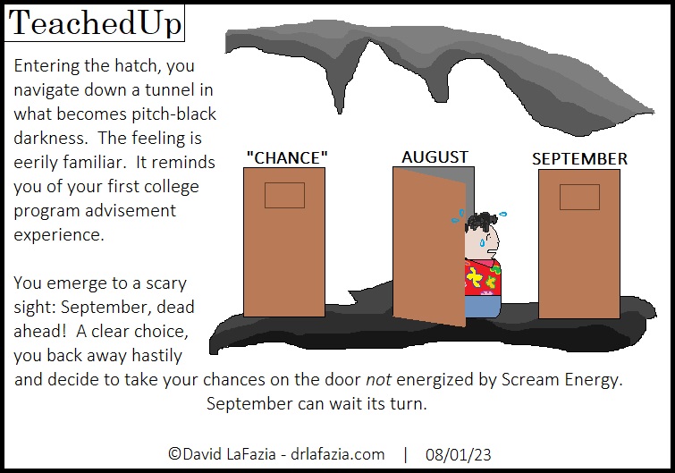 Pepp leaves a door labeled August and sees he can enter either one named September or one named Chance