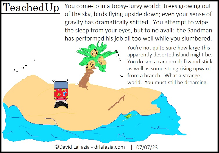 Pepp has landed upside down on a desert island with a coconut tree and lots of sand