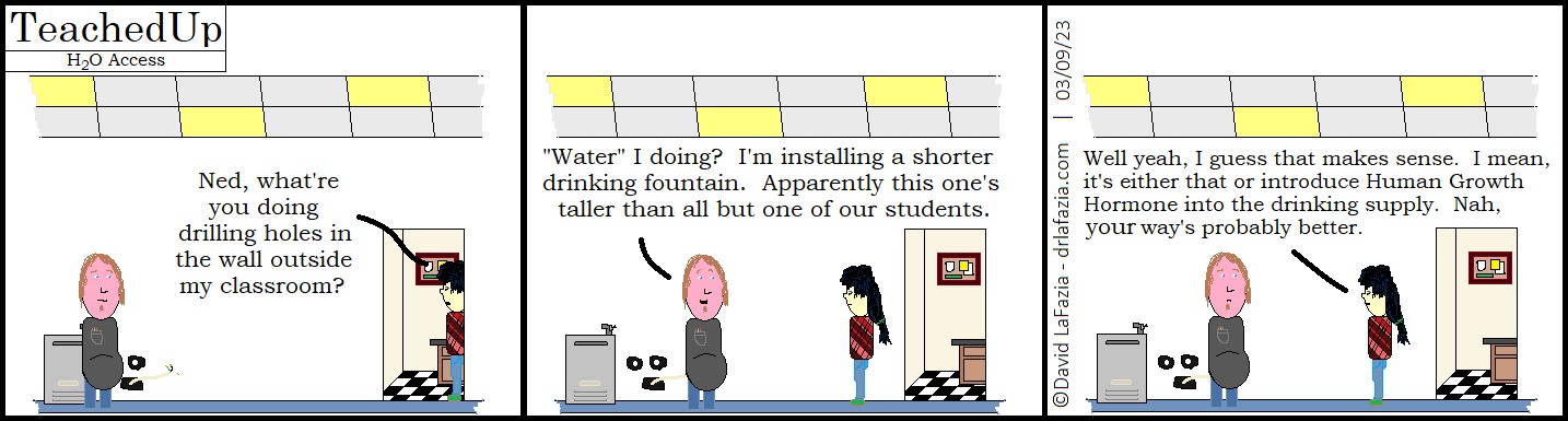 student and custodian discuss their favorite drinking fountain