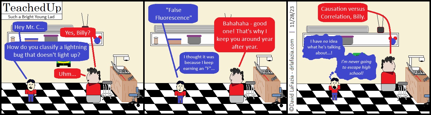 Billy tells a joke about a lightning bug that doesn't light up being false fluorescent and Mr. Culpepper gives him the impression he'll never let him graduate