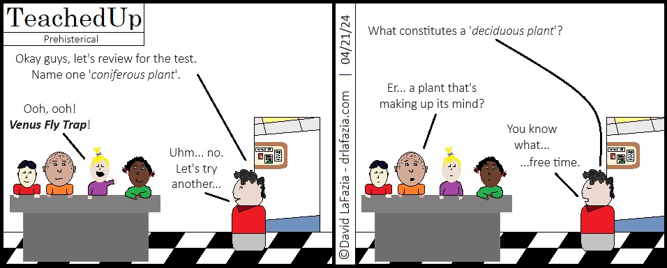 a student says an example of a coniferous plant is a venus fly trap and a deciduous plant is one that is making up its mind