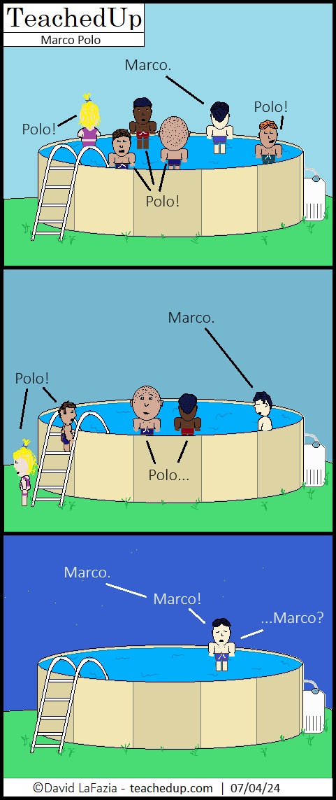 friends are playing marco polo in the pool and they end up leaving the person who is yelling marco into the night