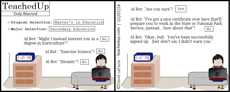 a university chatbot warns teacher Anthony Culpepper to not get his master's degree in Education