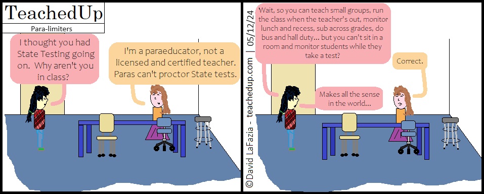 Ms. Sult discusses with Ms. Shi how she can do pretty much everything else a teacher does as a paraeducator but can't proctor students taking a standardized test