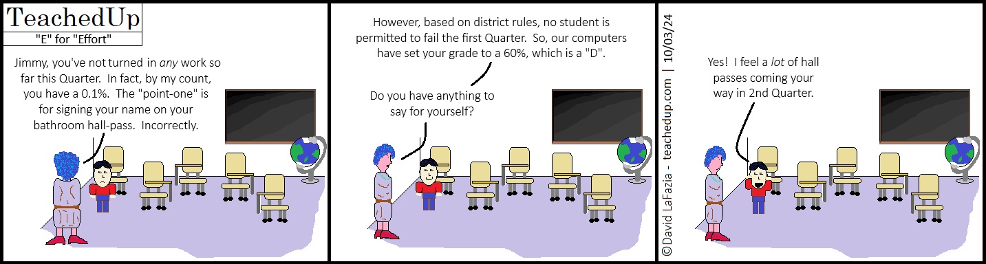 teacher explains that a student can't fail class because of a district minimum passing grade in the first quarter of school